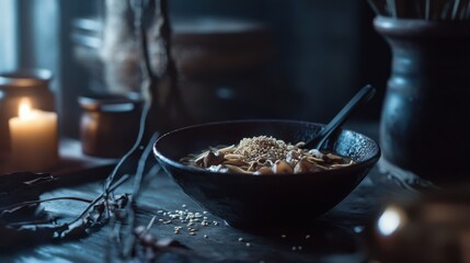 Ramen Noodles with Mushrooms, Tofu, and Sesame Seeds