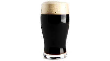 A glass of beer is sitting on a white background. The beer is dark and frothy, with a lot of foam on top. The glass is tall and narrow, with a curved shape that makes it look elegant and sophisticated
