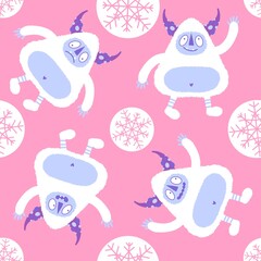 Winter monsters seamless Christmas yeti pattern for wrapping paper and fabrics