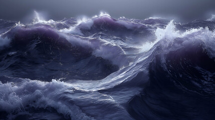 Stormy Ocean Waves Dark Blue Seascape with Deep Purple Hues, Turbulent Water Nature Scene.