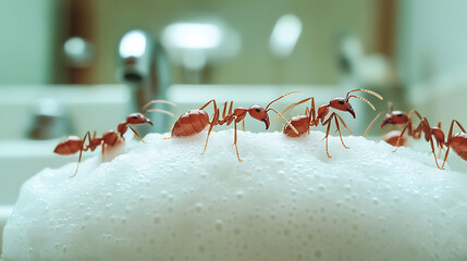 Fototapeta premium Ants on Foam: A Close-Up View of Tiny Creatures Exploring a Bubbly Landscape