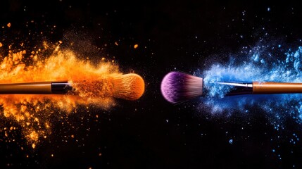 Closeup of two makeup brushes with powder impact