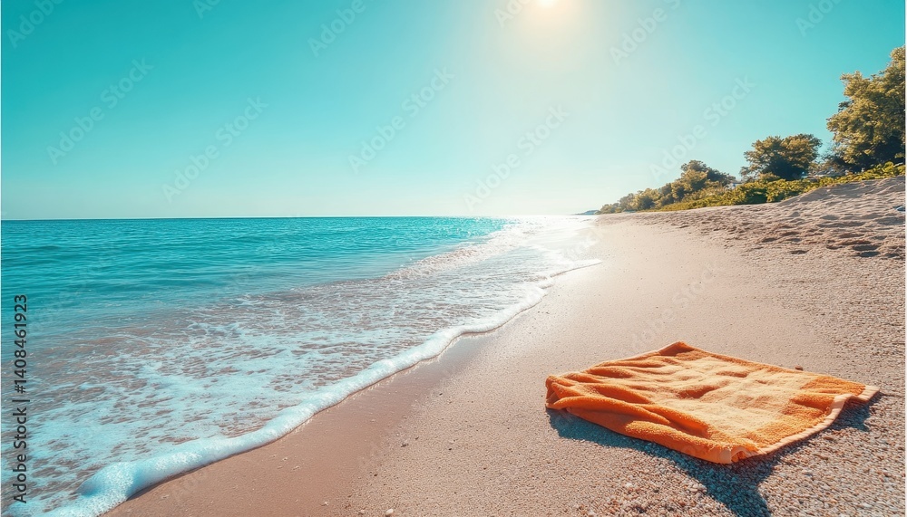 Poster relaxing beach day at a serene coastline with soft waves and sunlit sky