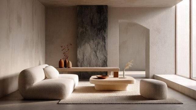 Minimalist lounge with single-toned palette and texture contrast  