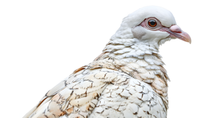 A white bird with a red beak and a black eye. The bird is sitting on a white background