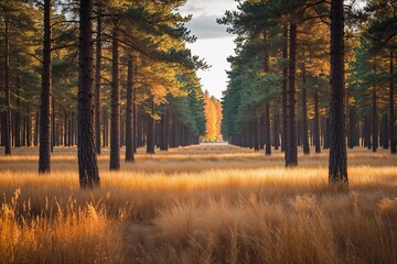 Fototapeta premium Vibrant Larch Forest in Sweden Showcasing Golden Grass and Warm Autumn Colors