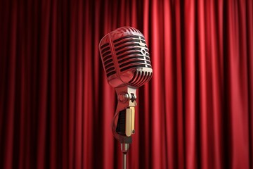 Brick Stage Comedy Red Curtains Microphone Audience Poster Background Design  
