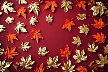Vibrant Red Backdrops with Golden Fall Leaves for Seasonal Home Decor