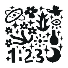 Contemporary art with paper cut elements isolated on white background. Angelic numerology. Matisse collage vector illustration. Magic happiest signs.