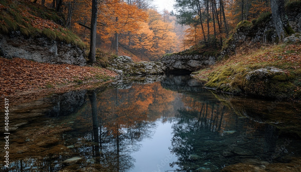 Aufkleber autumn landscape with a calm river reflecting orange trees in a serene forest setting during early m