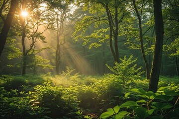 Obraz premium Sunlit Morning Forest Scene with Lush Green Foliage and Enchanting Atmosphere