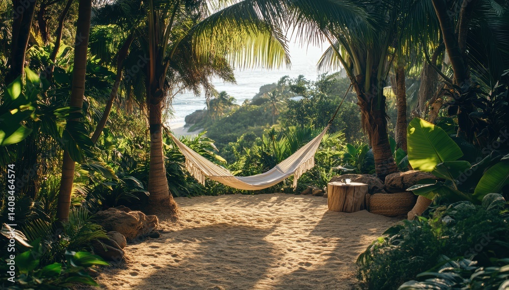 Aufkleber relaxing in a tropical hammock surrounded by lush greenery and a beautiful ocean view in a serene lo