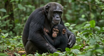 A chimpanzee with her baby