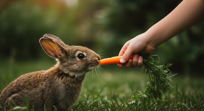 A fluffy brown bunny eating a carrot given from a child