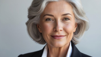  Uma mulher mais velha, linda e sorridente, com cabelos grisalhos, exalando confiança e uma presença calorosa.