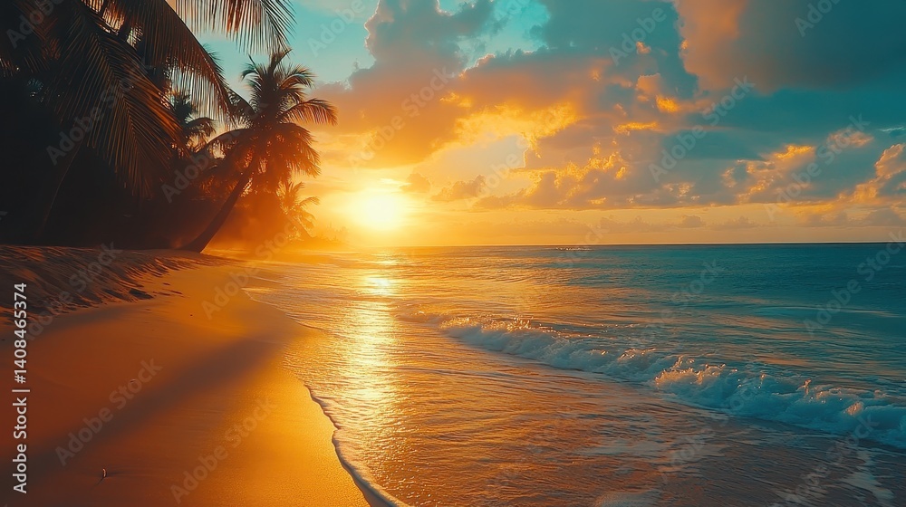 Poster beautiful sunset on a serene beach with gentle waves and silhouettes of palm trees, creating a tranq