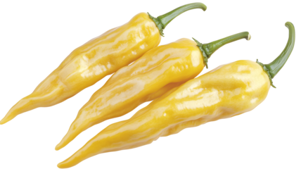 Three yellow peppers are shown in a row. The peppers are long and slender, with a green stem at the top. The peppers are arranged in a way that they are all facing the same direction