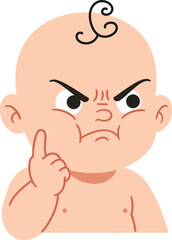 Obraz premium Angry baby with furrowed brow and thoughtful expression in flat vector art style showcasing determination and curiosity in a playful mood