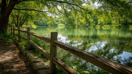 Transform Your View with a Wooden Fence Bordering a Lake Surrounded by Lush Green Trees