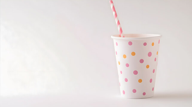 A cup with a pink straw and polka dots on it. The cup is empty. The cup is on a white background
