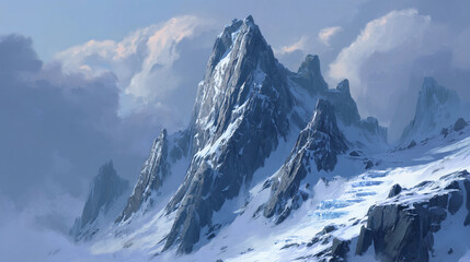 Naklejka premium A wind-swept mountain peak with jagged rock formations challenges adventurers with raw, breathtaking natural power.