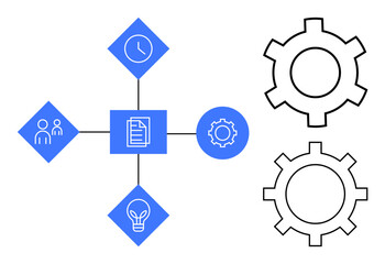 Obraz premium Centralized document connecting icons of teamwork, time, ideas, and a gear symbol. Connected gears represent process, strategy, productivity, and collaboration. Ideal for workflow team management