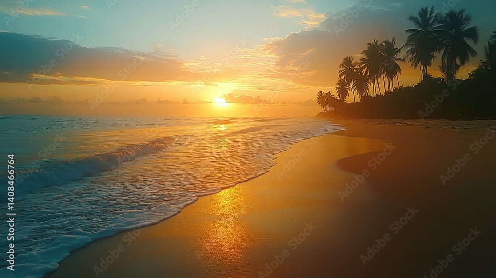 Poster beautiful sunset on a serene beach with gentle waves and silhouettes of palm trees, creating a tranq