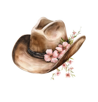 Watercolor illustratin of cowgirl hat with pink flowers isolated on transparent background