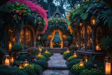 Enchanting Fairytale Retreat Surrounded by Lush Foliage and Illuminated Custom Flowers