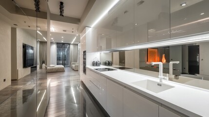 Modern apartment with fully mirrored kitchen wall 