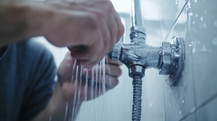 Plumber installing a showerhead in a bathroom. Featuring attention to detail and skill