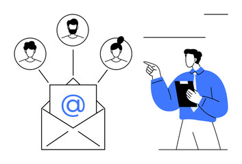 Open email envelope connected to team member avatars and a professional presenting with a clipboard. Ideal for teamwork, communication, collaboration, email marketing, networking, business strategy