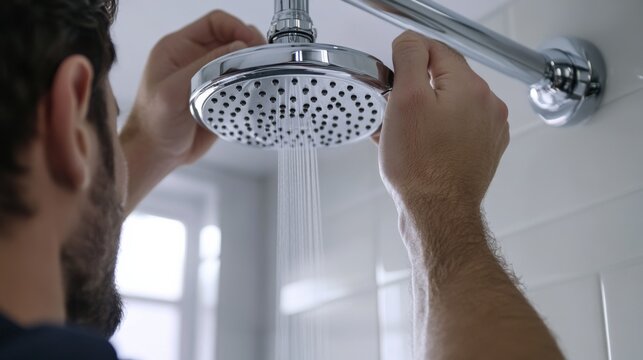 Plumber installing a showerhead in a bathroom. Featuring expertise and design