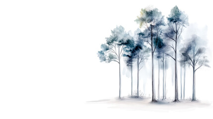 Obraz premium Watercolor painting depicting serene forest landscape with pine trees