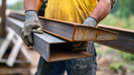 Laborer carrying steel beams at a construction site. Featuring teamwork and strength
