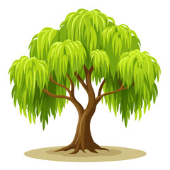 Green willow tree stands alone with sweeping branches and leaves. Its design emphasizes natural beauty in a simplified vector style, perfect for various creative projects