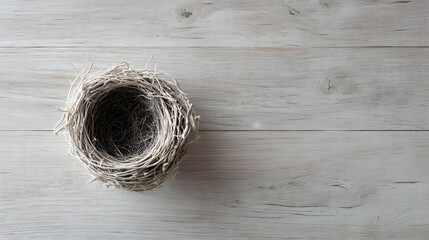 Naklejka premium Minimalist composition of an empty bird nest on a light wooden surface
