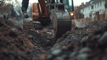 Fototapeta premium Excavator operator digging a trench for utility lines. Featuring precision and control