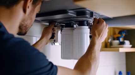 Plumber installing a water filtration system under a sink. Featuring technical expertise and precision