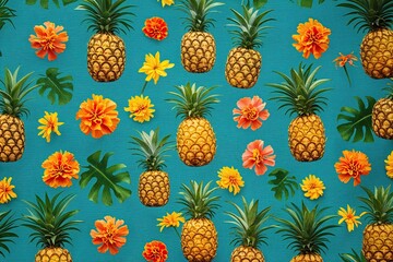 Fototapeta premium Vibrant Tropical Design Featuring Pineapples and Marigolds on Turquoise Background