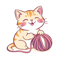 a happy little cat playing with a ball of yarn