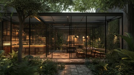Obraz premium Gourmet restaurant in a luxury hotel with glass walls and ambient lighting