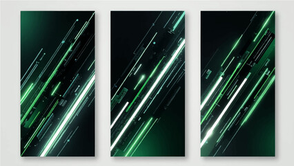 A trio of modern, abstract vertical banners featuring a fusion of green, white, and gray lines, arrows, and geometric angles on a dark, high-contrast background that exudes a sense of futuristic dynam