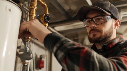 Plumber installing a water heater in a home garage. Featuring technical skill and efficiency