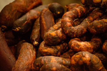 detail of smoked sausages made of pork meat called chouricos, typical gastronomy of northern portugal. Feira do Fumeiro event. Montalegre, Portugal
