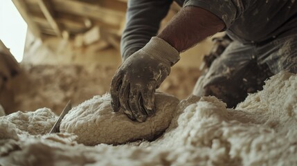 Laborer installing insulation at a construction site. Featuring effort and precision