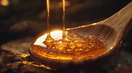 Golden liquid pouring into wooden spoon