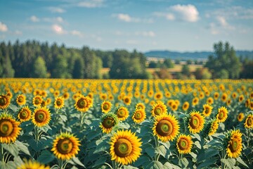 Obraz premium Lush Sunflower Field Fading into the Horizon on a Bright Sunny Day
