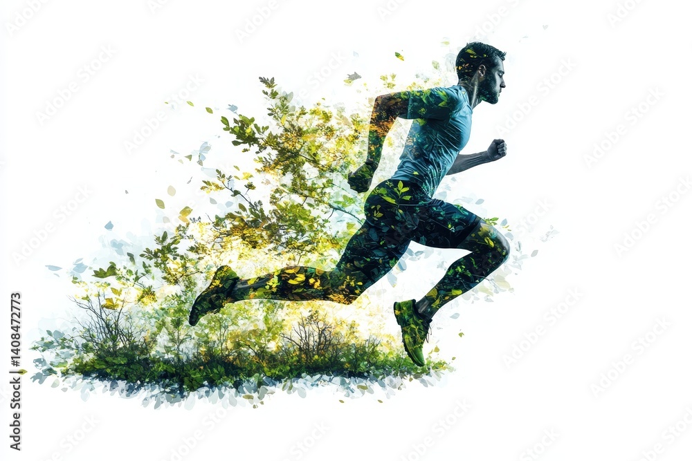 Aufkleber runner in nature expresses movement through a creative double exposure technique, blending athletici