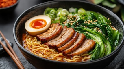 Close-up of Ramen with Pork Slices and Bok Choy